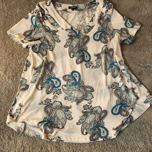 Folunsi Womens Blouse Size Large Pullover Short Sleeve Paisley Top Blue White